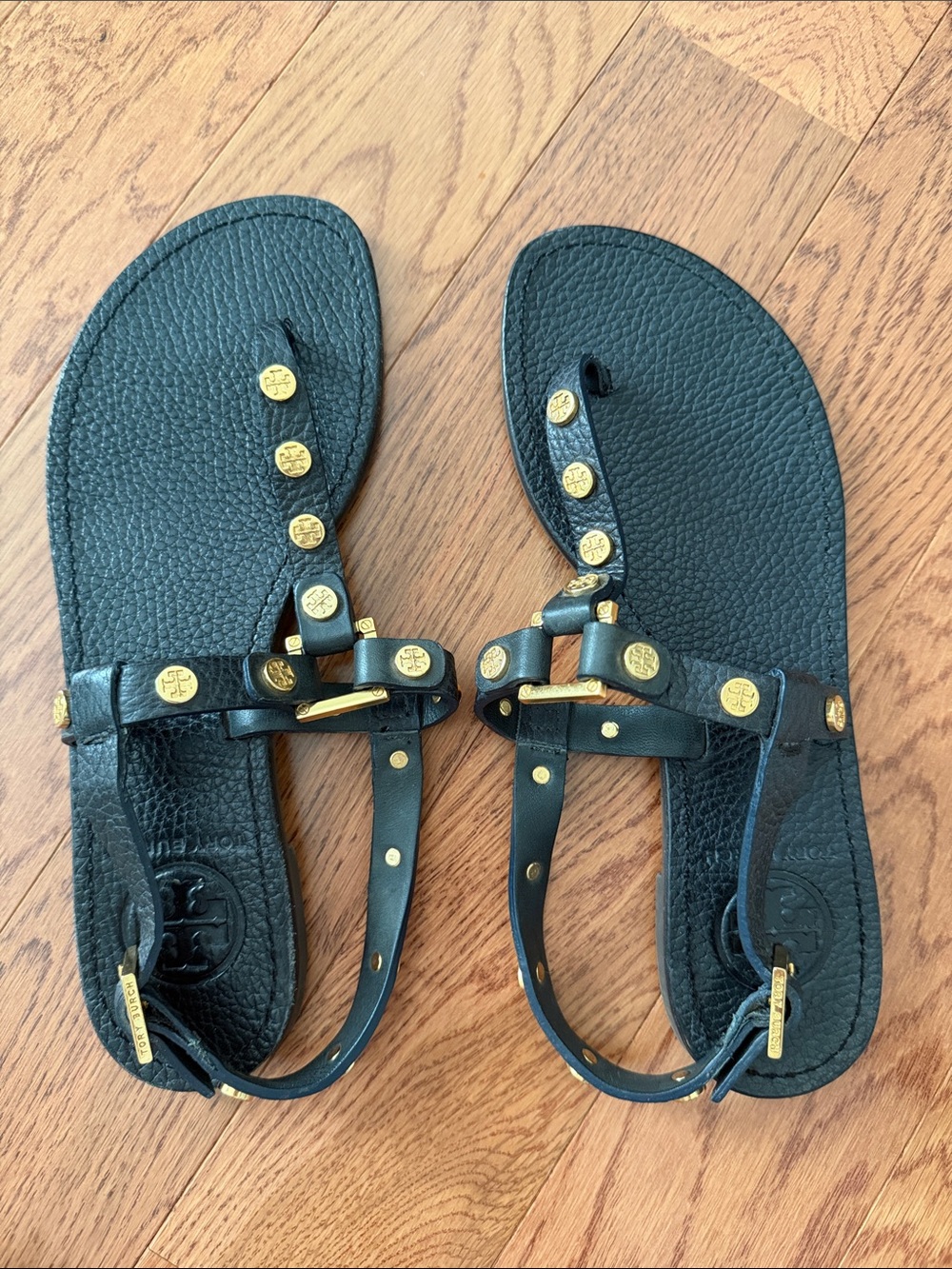 Tory Burch Black Leather T-Strap Sandals with Gold Studs